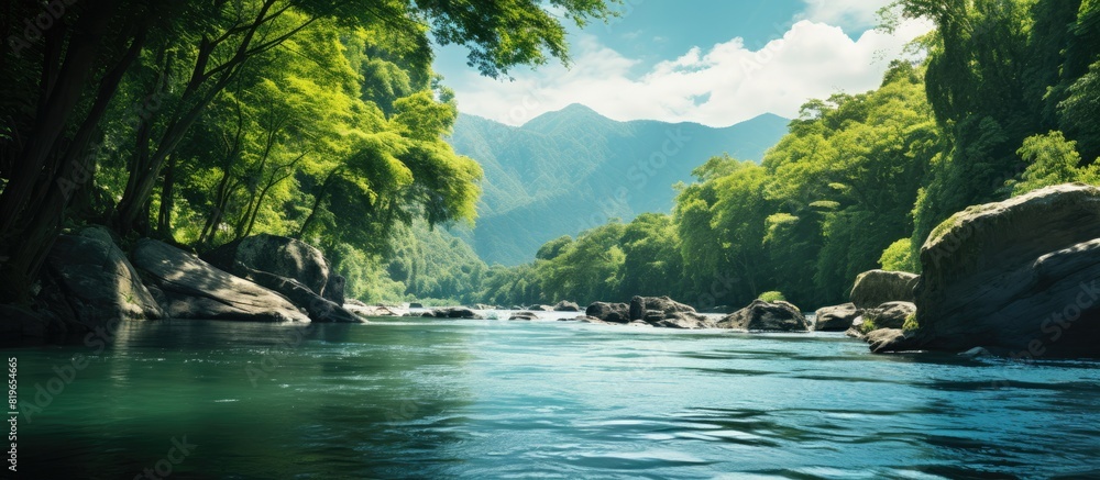 Poster a serene river flowing through a dense forest with a vast expanse of copy space image