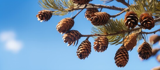 Close up view of lovely brown Japanese pine Glauka cones on a branch set against a clear blue sky with no clouds ideal for nature themed design with copy space image