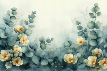 Featuring a  elegant border of branches made of eucalyptus with yellow flowers and leaves