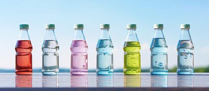 Bottles of flavored water displayed on a bright surface with a background suitable for adding text or other graphics in a copy space image