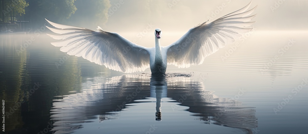 Poster swan wings gracefully spanning across a serene lake creating a picturesque scene with a copy space i