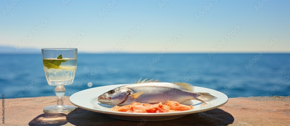 Poster an image showing a plate of fresh fish set against the backdrop of the sea with copy space available