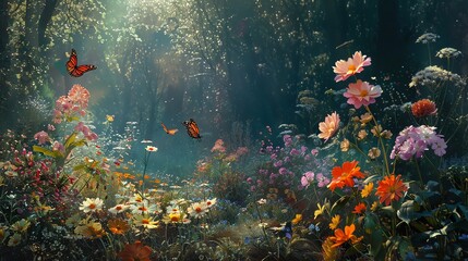 Within the hushed sanctuary of the forest, an abundance of colorful flowers sway gently, their petals kissed by butterflies drifting on the wind