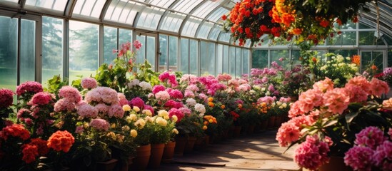 Greenhouse full of flowers showcasing a vibrant display with a copy space image