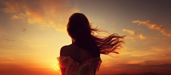 Fototapeta premium A youthful lady enjoys the summer evening outdoors under a sunset filled sky embodying the essence of freedom and leisure in an idyllic setting with a copy space image