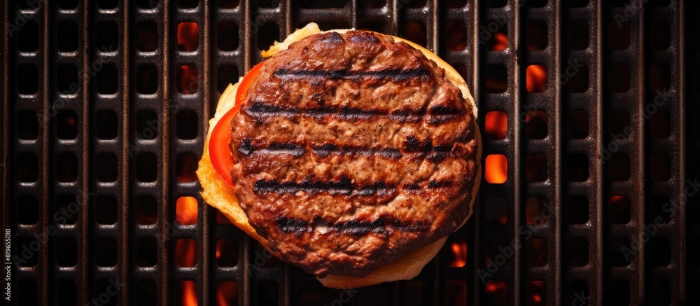 Poster top down view of a burger on a grill with ample copy space image