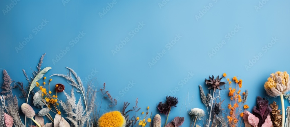 Poster top view of a border frame made of dried flowers and leaves on a blue background with copy space ima