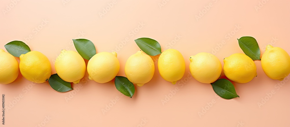 Poster fresh lemons arranged as bulbs on a peach background with a creative food concept abstract and surre