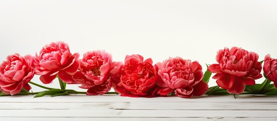Red peony flowers arranged on a white wooden table with copy space image
