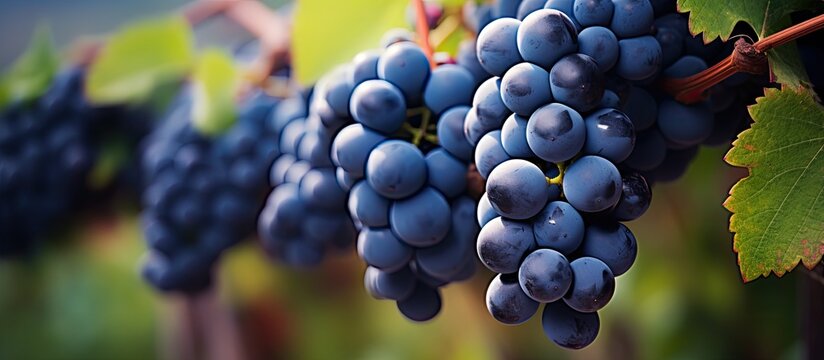Ripe dark blue fruits from Vitis vinifera grape vines in a winemaking vineyard during harvest season with a copy space image