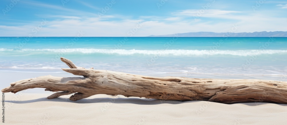 Poster a piece of driftwood lying on the sandy shore with a beautiful ocean backdrop in the background crea