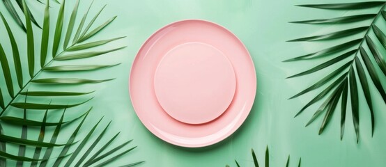 Minimal mockup background with pink plate and palm leaves on green pastel color, - Powered by Adobe