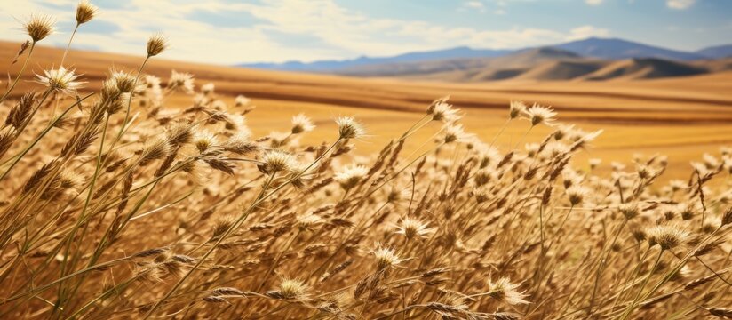 Egyptian fields feature the most popular cumin seeds plant with unripened cumin crop dry plants including Carum or Caraway and carvi commonly known as cumin flower with a copy space image
