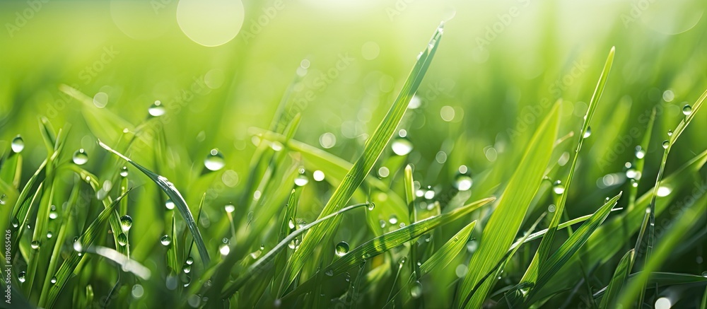 Poster closeup of fresh green grass with dew drops serving as a nature background with copy space image