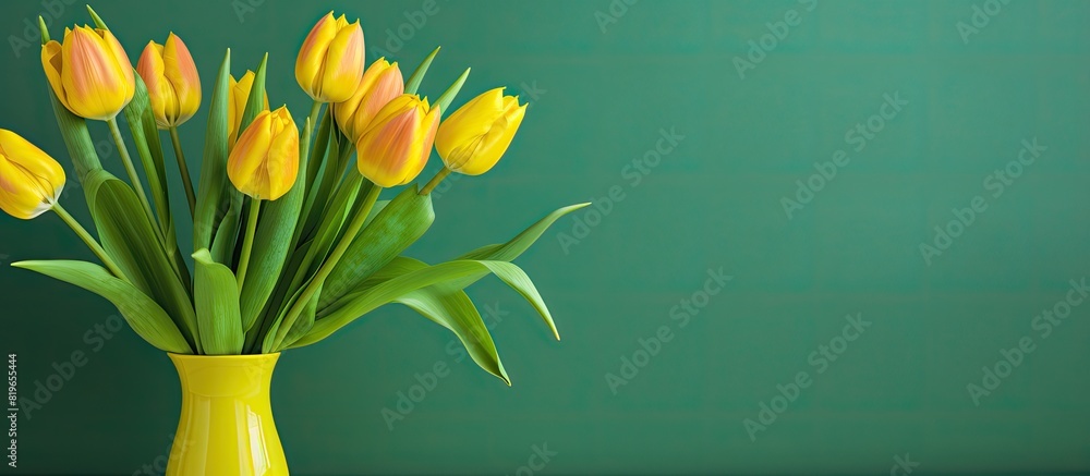 Poster yellow tulips displayed against a green backdrop with copy space image