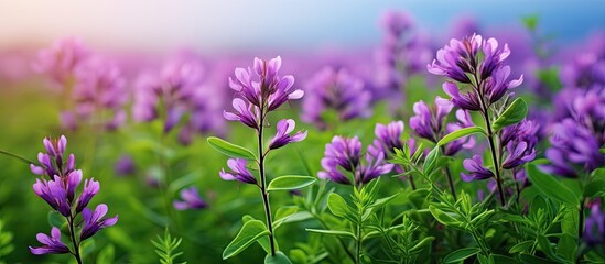 Medicago sativa commonly known as lucerne or alfalfa is a perennial plant with flowers that belongs to the pea family. Copy space image. Place for adding text and design