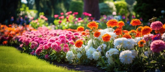 Naklejka premium Summer flowerbed filled with colorful flowers in the garden featuring copy space image