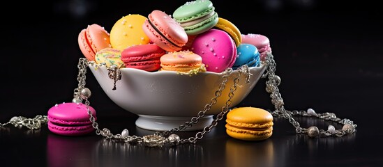 A vibrant assortment of macarons and an elegant silver necklace with an initial pendant perfect for showcasing in e commerce online sales social media or jewelry promotions with copy space image