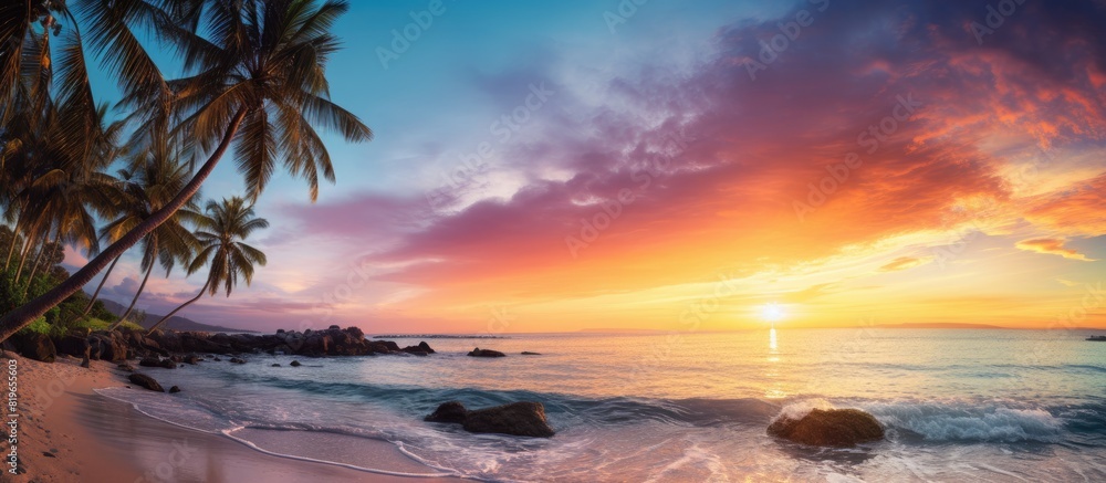 Poster Tropical beach at sunset palm trees in view ideal for romantic memories with a spectacular sky background perfect for a copy space image