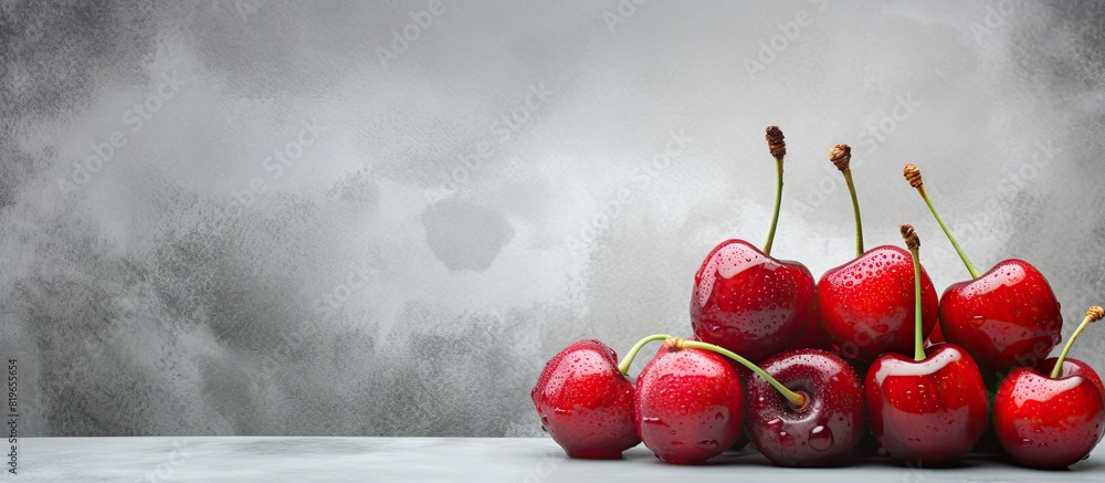Poster fresh cherries displayed on a concrete background with copy space image