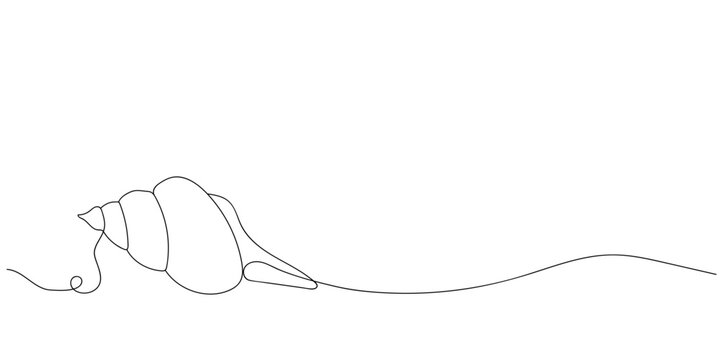 Continuous one line drawing of sea shell. Seashell symbol. Spa beauty and wellness salon banner in simple linear style. Vector illustration in doodle style.