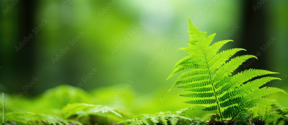 Poster Lush green fern surrounded by trees in a serene forest setting providing a tranquil backdrop with ample copy space image