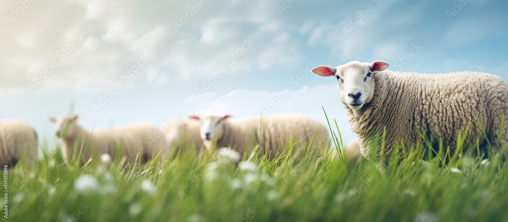 Poster grassy field background with sheep for a natural setting with copy space image