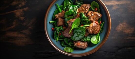Top view of a salad combining chicken liver with spinach and chard leaves Includes copy space image