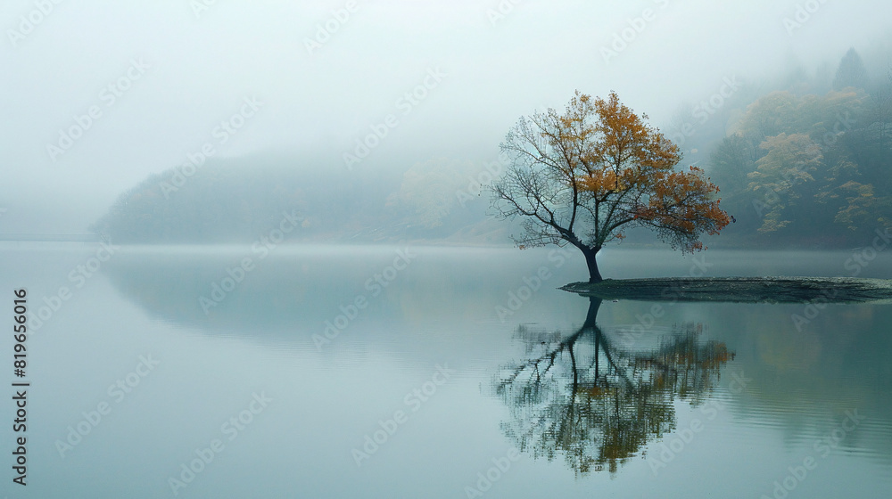 Poster tree on small island in foggy lake. a tree on a small island, perfectly mirrored in the still, foggy