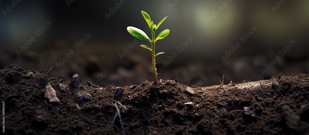 Poster a tiny fresh tree sprout emerging from the soil. copy space image. place for adding text and design