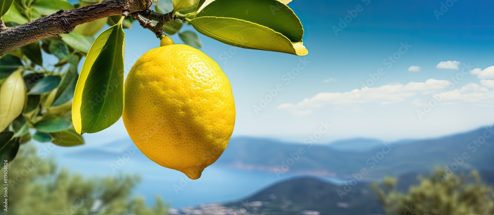 Poster a vibrant ripe lemon hanging from a tree with a scenic background suitable for a copy space image