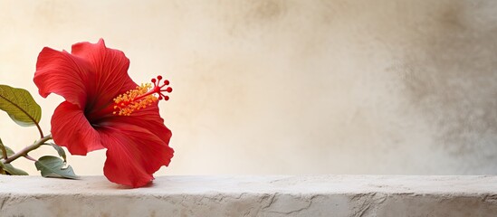 A red hibiscus with a stamen on beige concrete set against one white petal Background for your text or design copy space image