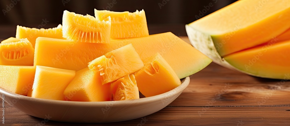 Poster cantaloupe melon slices with copy space image on a white backdrop