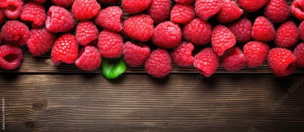 Poster top view of fresh raspberries arranged on a rustic wooden surface with copy space image