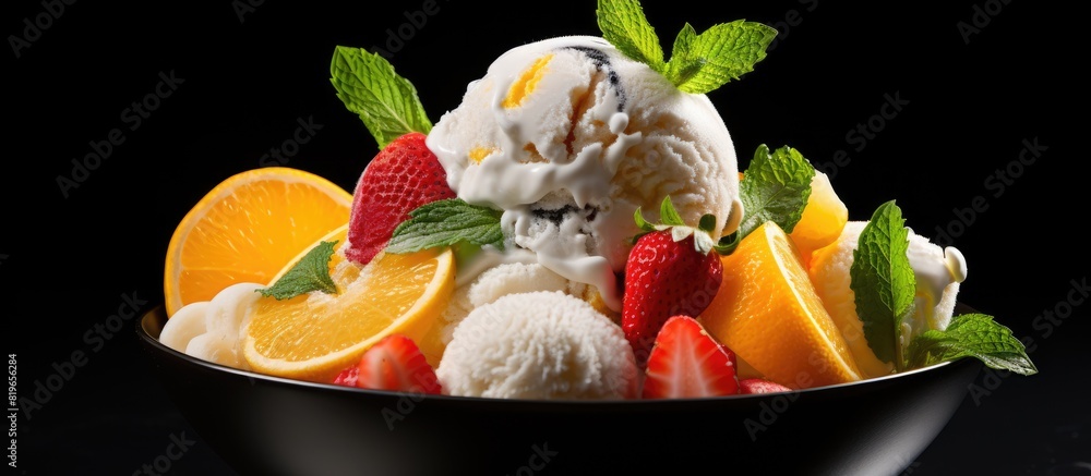 Poster close up view of various ice cream scoops in a bowl with strawberry lemon and orange slices garnishe