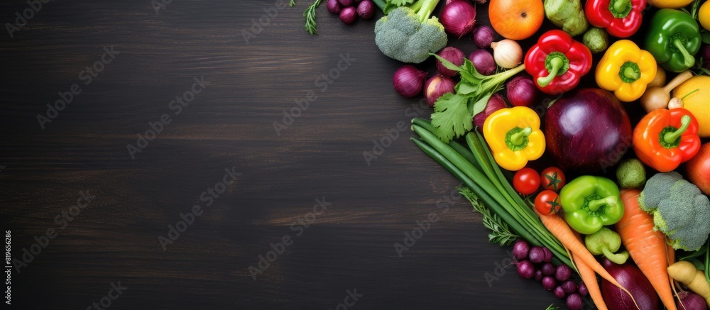 Poster rainbow colored vegetables healthy food concept top view. copy space image. place for adding text an