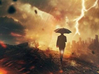A lone man with an umbrella walks through a stormy, apocalyptic landscape with lightning and rain.