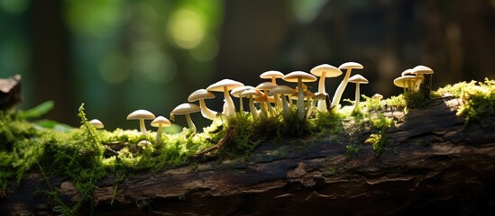 Mushrooms sprouting on a decaying moss covered log in the forest canopy providing a natural setting for a copy space image