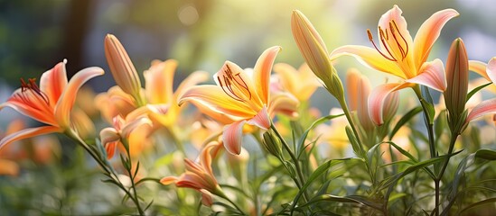 Fototapeta premium A close up view of lilies in the garden with copy space image
