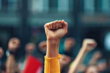 A woman is holding her fist up in the air with a group of people around her
