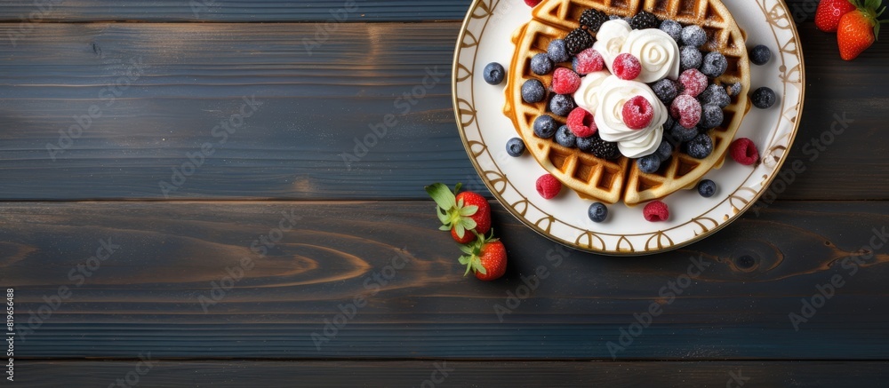 Poster top down view of scrumptious belgian waffles adorned with ice cream fresh summer berries and a side 