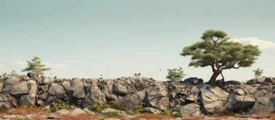 In the scorching summer heat a rocky terrain dotted with petite trees stands offering a picturesque backdrop for a copy space image