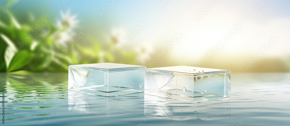 Poster cosmetic mockup with copy space image two white square podiums on a transparent water texture under 