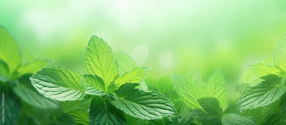 Poster abstract green mint leaf background with blurred leaves and circular bokeh ideal as a backdrop for w