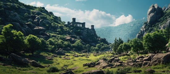 Scenic summer mountain landscape with inaccessible boulders ruins near an ancient castle and rocks in the forest all against a backdrop with copy space image