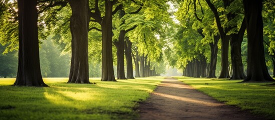 An inviting path through the park beckons for a leisurely stroll with an appealing copy space image