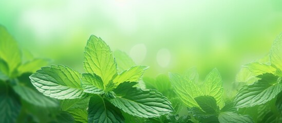 Abstract green mint leaf background with blurred leaves and circular bokeh ideal as a backdrop for wallpaper and design with copy space image
