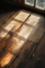 interior floor, old, rustic wooden floor with sun rays streaming through the window onto it, cozy atmosphere, warm colors, photorealistic // ai-generated 