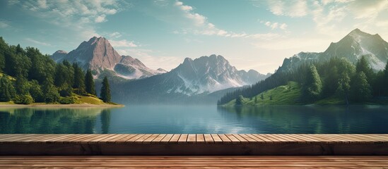 A serene lakeside scene with a wooden dock and a camp set against a backdrop of majestic mountains with copy space image