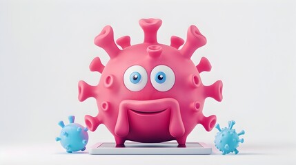 Obraz premium Adorable 3D Antivirus Mascot Character Scanning for Threats on Tablet